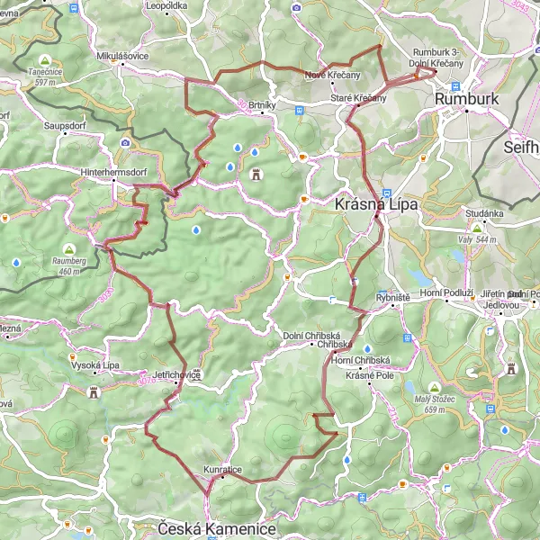 Miniaturní mapa "Gravel okruh přes Staré Křečany a Pekelský Důl" inspirace pro cyklisty v oblasti Severozápad, Czech Republic. Vytvořeno pomocí plánovače tras Tarmacs.app