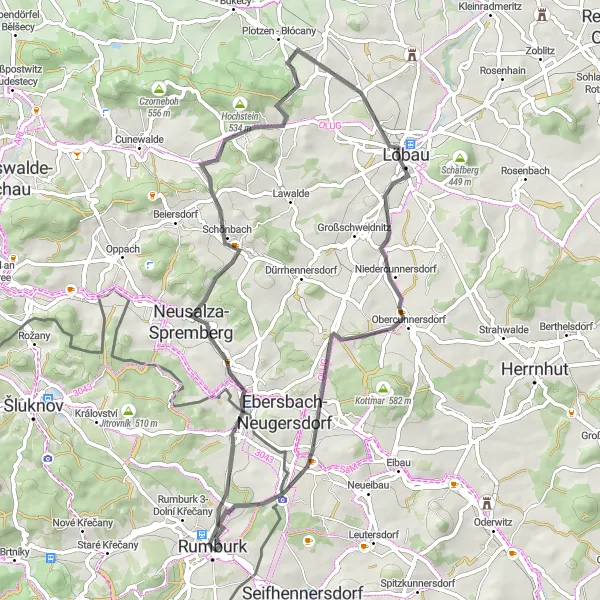 Miniaturní mapa "Okružní cyklotrasa kolem Rumburku" inspirace pro cyklisty v oblasti Severozápad, Czech Republic. Vytvořeno pomocí plánovače tras Tarmacs.app