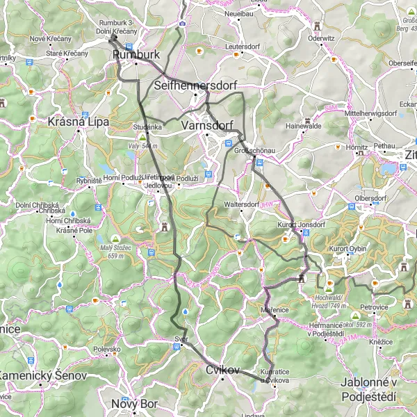 Miniatura mapy "Trasa do Großschönau przez Soví vrch i Stožecké sedlo" - trasy rowerowej w Severozápad, Czech Republic. Wygenerowane przez planer tras rowerowych Tarmacs.app