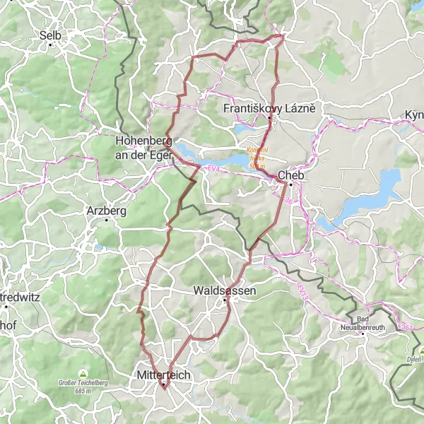 Miniaturní mapa "Gravel okruh přes Žírovice a Konnersreuth" inspirace pro cyklisty v oblasti Severozápad, Czech Republic. Vytvořeno pomocí plánovače tras Tarmacs.app