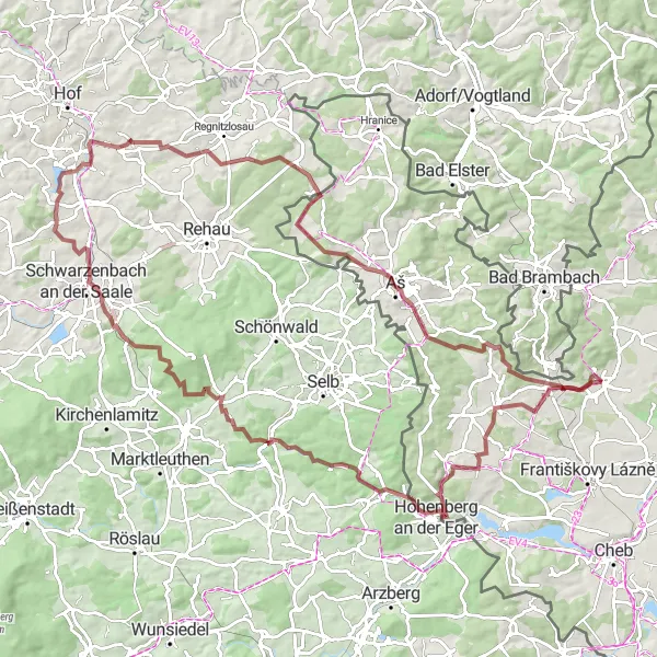 Mapa miniatúra "Cyklotrasa Skalná - Hazlov - Schwarzenhammer - Mühlberg - Neudesberg - Fattigau - Klötzlamühle - Štítarský vrch - Kamenný hřbitovní most - Goethův vrch - Skalná" cyklistická inšpirácia v Severozápad, Czech Republic. Vygenerované cyklistickým plánovačom trás Tarmacs.app