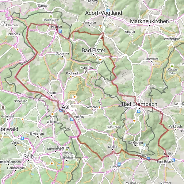 Map miniature of "Skalná Gravel Route" cycling inspiration in Severozápad, Czech Republic. Generated by Tarmacs.app cycling route planner