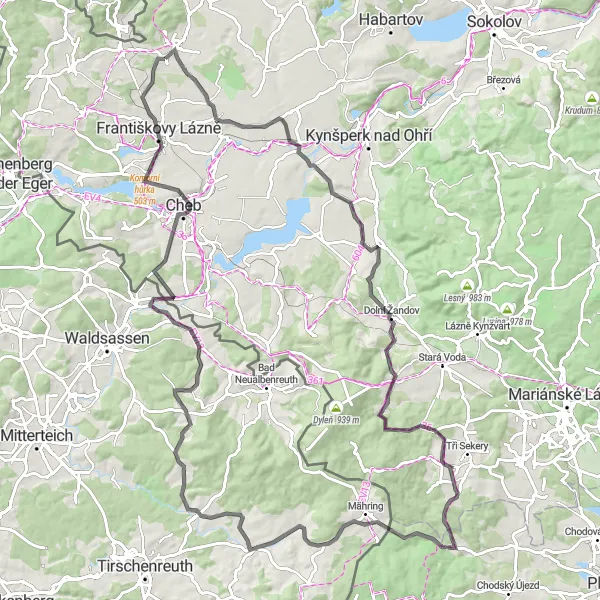 Map miniature of "Skalná - Lipoltov - Horní Žandov - Cikánka - Aussichtsturm Pfaffenbühl - Wondreb - Bothenberg - Hatzenreuth - Rovinka - Na Skále - Starý Rybník" cycling inspiration in Severozápad, Czech Republic. Generated by Tarmacs.app cycling route planner