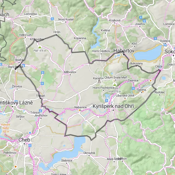 Mapa miniatúra "Cyklotrasa Skalná - Starý Rybník - Pláň - Lítov - Zlatá - Chocovice - Vonšov - Skalná" cyklistická inšpirácia v Severozápad, Czech Republic. Vygenerované cyklistickým plánovačom trás Tarmacs.app