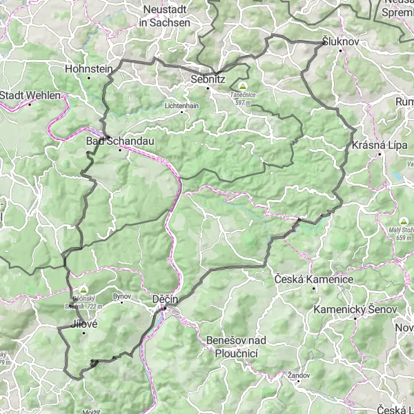 Mapa miniatúra "Cyklotrasa Vlčí Hora" cyklistická inšpirácia v Severozápad, Czech Republic. Vygenerované cyklistickým plánovačom trás Tarmacs.app