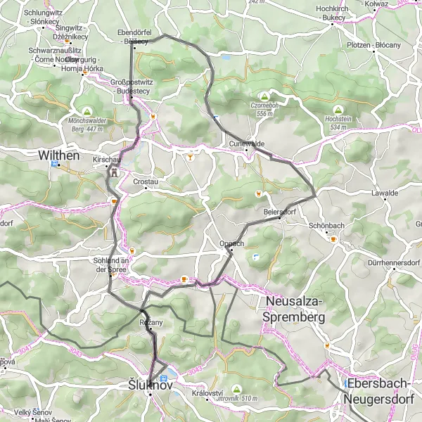Mapa miniatúra "Road Šluknov - Schlossberg - Rodewitz/Spree - Mehltheuer - Lubjenc - Beiersdorf - Steinklunsen - Hornsberg - Šluknov" cyklistická inšpirácia v Severozápad, Czech Republic. Vygenerované cyklistickým plánovačom trás Tarmacs.app