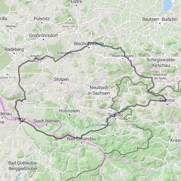 Mapa miniatúra "Road Šluknov - Hamr - Michael Fischer-Art Haus - Schillerblick - Struppen - Pirna - Henne Berg - Schenkhübel - Großharthau - Lämmerberg - Ringenhain - Špičák" cyklistická inšpirácia v Severozápad, Czech Republic. Vygenerované cyklistickým plánovačom trás Tarmacs.app