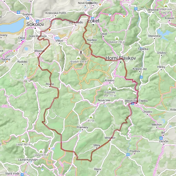 Map miniature of "The Gravel Adventure Through Sokolov Region" cycling inspiration in Severozápad, Czech Republic. Generated by Tarmacs.app cycling route planner