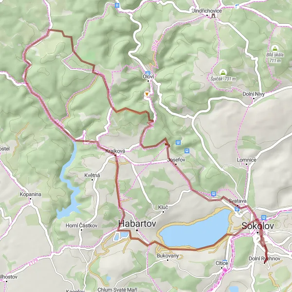 Mapa miniatúra "Gravel okolím Sokolova" cyklistická inšpirácia v Severozápad, Czech Republic. Vygenerované cyklistickým plánovačom trás Tarmacs.app
