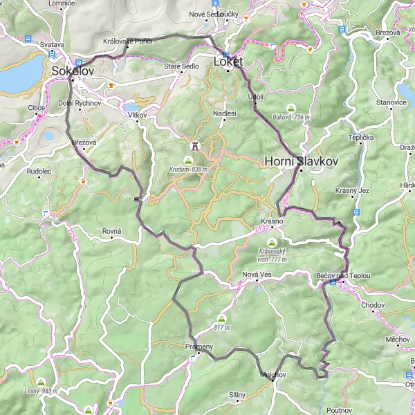 Mapa miniatúra "Jízda kolem Královského Poříčí" cyklistická inšpirácia v Severozápad, Czech Republic. Vygenerované cyklistickým plánovačom trás Tarmacs.app