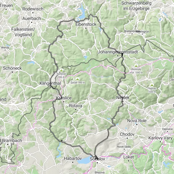 Map miniature of "Sokolov Gravel Loop" cycling inspiration in Severozápad, Czech Republic. Generated by Tarmacs.app cycling route planner