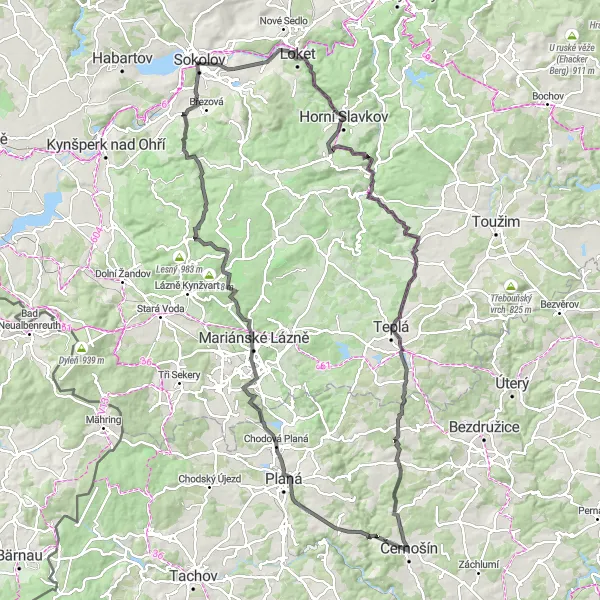 Mapa miniatúra "Náročná silniční trasa kolem Sokolova" cyklistická inšpirácia v Severozápad, Czech Republic. Vygenerované cyklistickým plánovačom trás Tarmacs.app