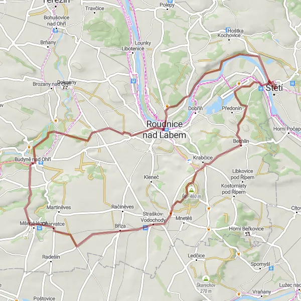 Mapa miniatúra "Gravel cyklotúra cez Bechlín, Říp, Charvatce, Písty, Kamenná Hláska a Sovice" cyklistická inšpirácia v Severozápad, Czech Republic. Vygenerované cyklistickým plánovačom trás Tarmacs.app