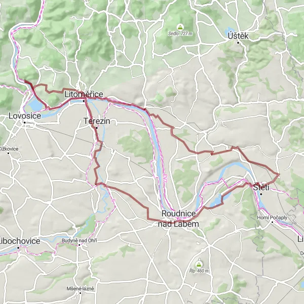 Miniaturní mapa "Gravelová okružní cesta přes Roudnici nad Labem" inspirace pro cyklisty v oblasti Severozápad, Czech Republic. Vytvořeno pomocí plánovače tras Tarmacs.app