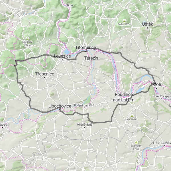 Mapa miniatúra "Cyklotúra cez Líšeň a Vrutice" cyklistická inšpirácia v Severozápad, Czech Republic. Vygenerované cyklistickým plánovačom trás Tarmacs.app