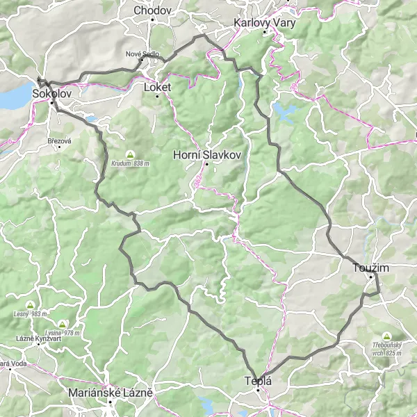 Miniaturní mapa "Round-trip Cycling Tour to Nové Sedlo and Teplá" inspirace pro cyklisty v oblasti Severozápad, Czech Republic. Vytvořeno pomocí plánovače tras Tarmacs.app