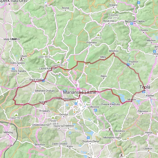 Miniaturní mapa "Mrázov - Teplá Gravel Tour" inspirace pro cyklisty v oblasti Severozápad, Czech Republic. Vytvořeno pomocí plánovače tras Tarmacs.app