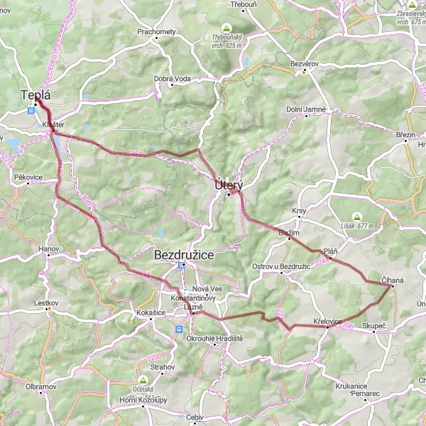 Map miniature of "Teplá to Klášter Gravel Ride" cycling inspiration in Severozápad, Czech Republic. Generated by Tarmacs.app cycling route planner