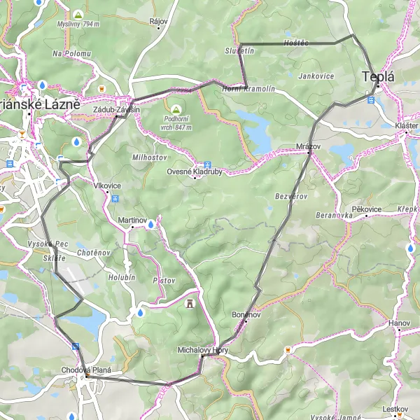 Map miniature of "Teplá - Michalovy Hory - Zádub - Podhorní vrch - Hoštěc" cycling inspiration in Severozápad, Czech Republic. Generated by Tarmacs.app cycling route planner