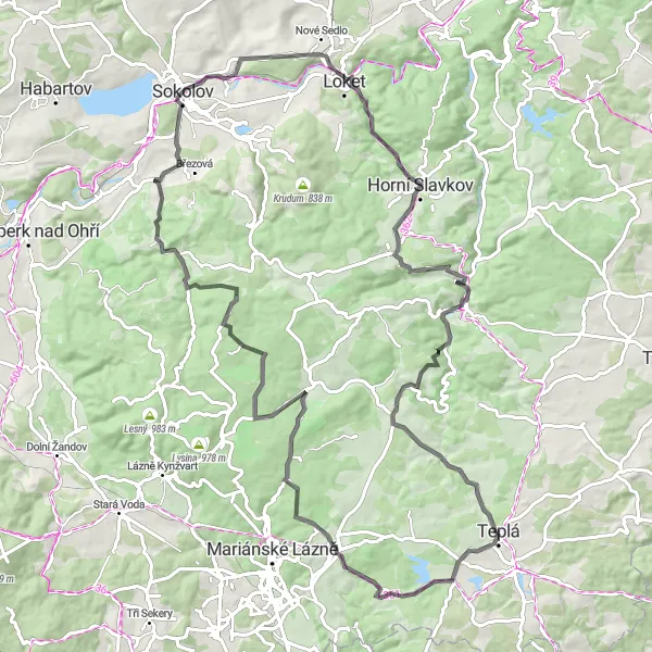 Miniaturní mapa "Teplá - Mnichov Road Trip" inspirace pro cyklisty v oblasti Severozápad, Czech Republic. Vytvořeno pomocí plánovače tras Tarmacs.app