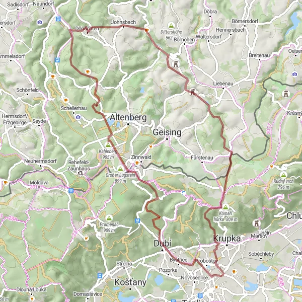 Miniaturní mapa "Gravelový okruh z Teplic" inspirace pro cyklisty v oblasti Severozápad, Czech Republic. Vytvořeno pomocí plánovače tras Tarmacs.app