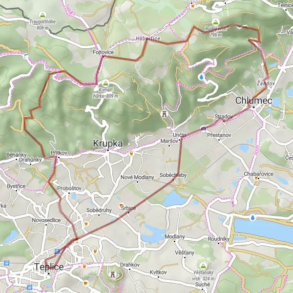 Miniaturní mapa "Gravelový výlet kolem Teplic" inspirace pro cyklisty v oblasti Severozápad, Czech Republic. Vytvořeno pomocí plánovače tras Tarmacs.app