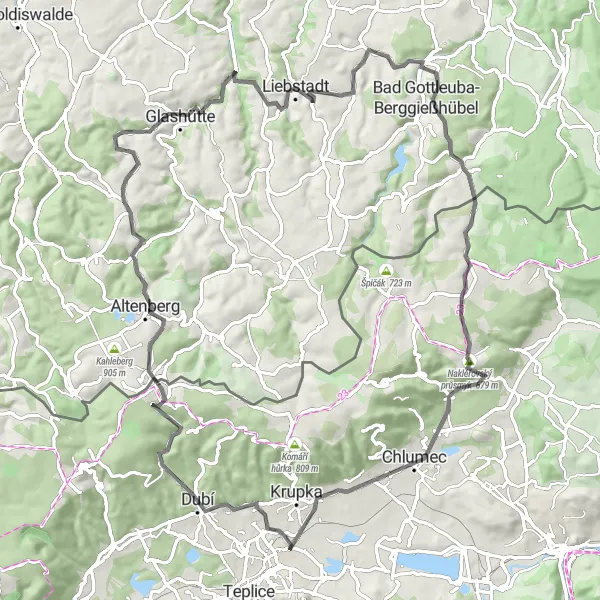 Miniaturní mapa "Okružní cyklotrasa kolem Teplic" inspirace pro cyklisty v oblasti Severozápad, Czech Republic. Vytvořeno pomocí plánovače tras Tarmacs.app