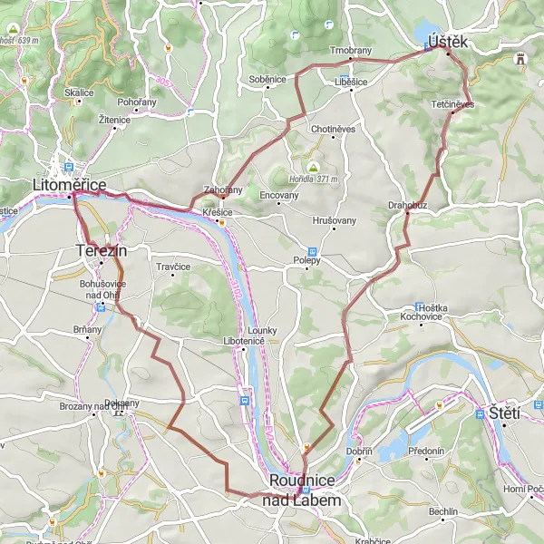 Map miniature of "Scenic Terezín gravel route" cycling inspiration in Severozápad, Czech Republic. Generated by Tarmacs.app cycling route planner