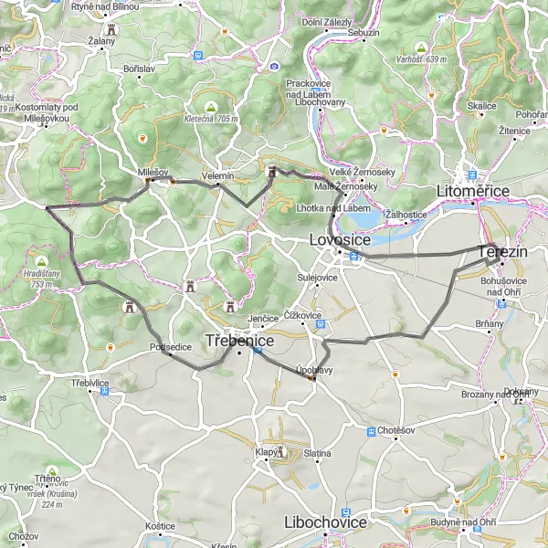 Map miniature of "Road cycling adventure near Terezín" cycling inspiration in Severozápad, Czech Republic. Generated by Tarmacs.app cycling route planner