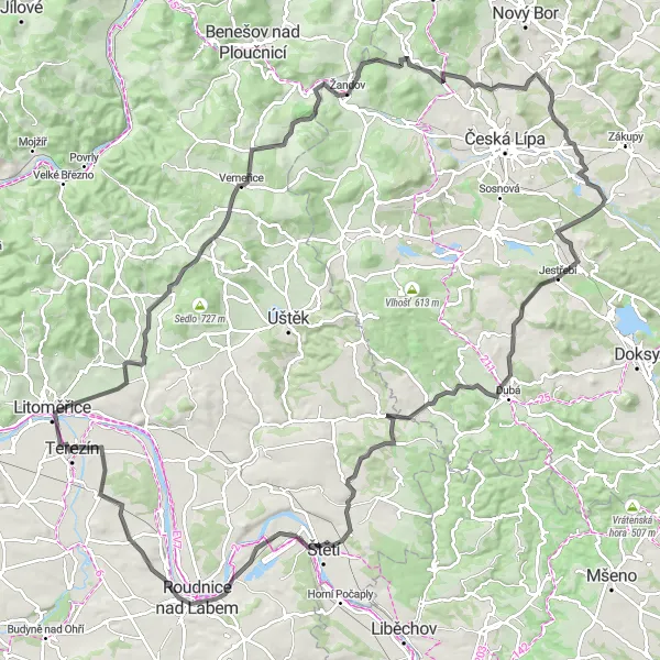 Mapa miniatúra "Výlet kolem Terezína" cyklistická inšpirácia v Severozápad, Czech Republic. Vygenerované cyklistickým plánovačom trás Tarmacs.app