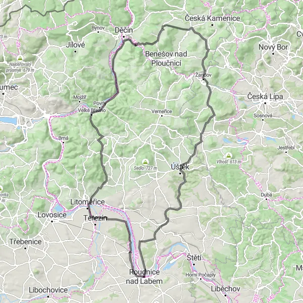 Mapa miniatúra "Výlet na kole okolo Terezína" cyklistická inšpirácia v Severozápad, Czech Republic. Vygenerované cyklistickým plánovačom trás Tarmacs.app