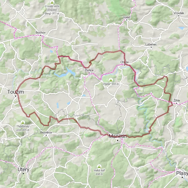 Miniaturní mapa "Gravelový okruh kolem Toužimu" inspirace pro cyklisty v oblasti Severozápad, Czech Republic. Vytvořeno pomocí plánovače tras Tarmacs.app