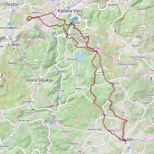 Mapa miniatúra "Javorná - Útvina" cyklistická inšpirácia v Severozápad, Czech Republic. Vygenerované cyklistickým plánovačom trás Tarmacs.app