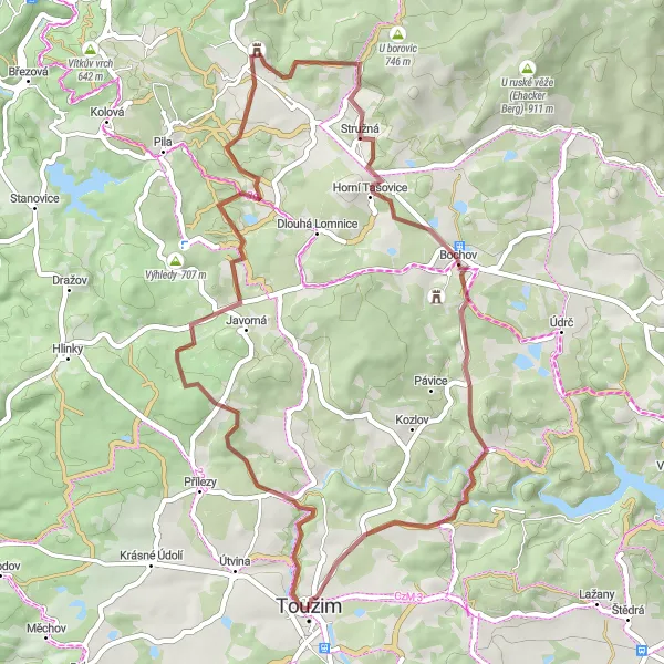 Miniaturní mapa "Gravelová trasa z Toužimi" inspirace pro cyklisty v oblasti Severozápad, Czech Republic. Vytvořeno pomocí plánovače tras Tarmacs.app