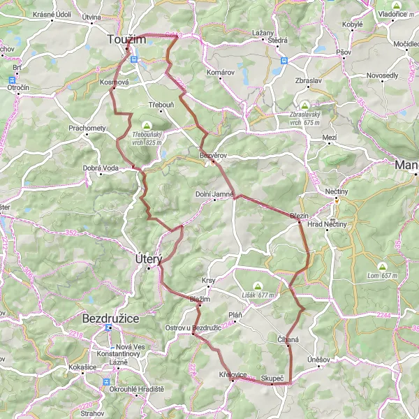 Karten-Miniaturansicht der Radinspiration "Abenteuerliche Gravel-Tour durch die Umgebung von Toužim" in Severozápad, Czech Republic. Erstellt vom Tarmacs.app-Routenplaner für Radtouren