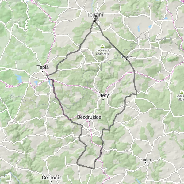 Miniaturní mapa "Okružní cyklotrasa Toužim - Ovčí vrch - Toužim" inspirace pro cyklisty v oblasti Severozápad, Czech Republic. Vytvořeno pomocí plánovače tras Tarmacs.app