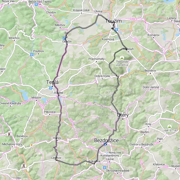 Miniaturní mapa "Cyklistická trasa okolo Toužimi" inspirace pro cyklisty v oblasti Severozápad, Czech Republic. Vytvořeno pomocí plánovače tras Tarmacs.app