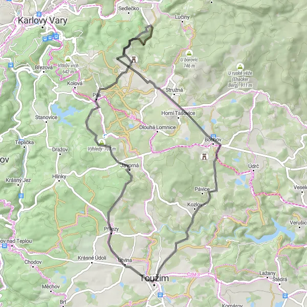 Mapa miniatúra "Cyklotúra okolo Toužima" cyklistická inšpirácia v Severozápad, Czech Republic. Vygenerované cyklistickým plánovačom trás Tarmacs.app