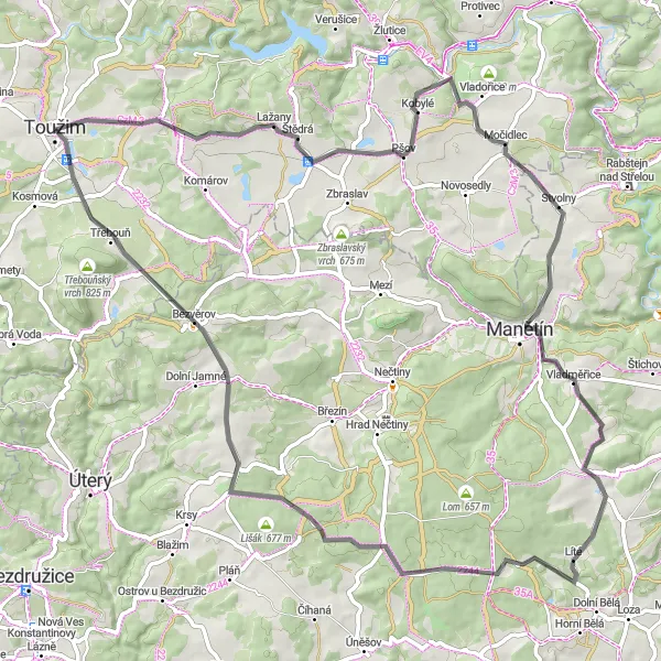 Mapa miniatúra "Jazda na ceste okolo Severozápadného Česka" cyklistická inšpirácia v Severozápad, Czech Republic. Vygenerované cyklistickým plánovačom trás Tarmacs.app