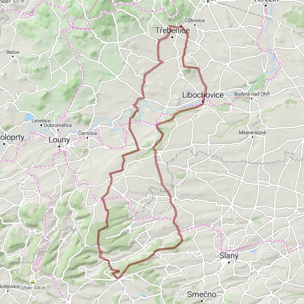 Mapa miniatúra "Gravel Cycling Route: Třebenice - Lkáň" cyklistická inšpirácia v Severozápad, Czech Republic. Vygenerované cyklistickým plánovačom trás Tarmacs.app