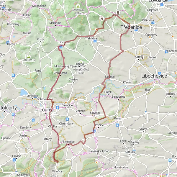 Mapa miniatúra "Gravel Cycling Route: Třebenice - Chrástná" cyklistická inšpirácia v Severozápad, Czech Republic. Vygenerované cyklistickým plánovačom trás Tarmacs.app