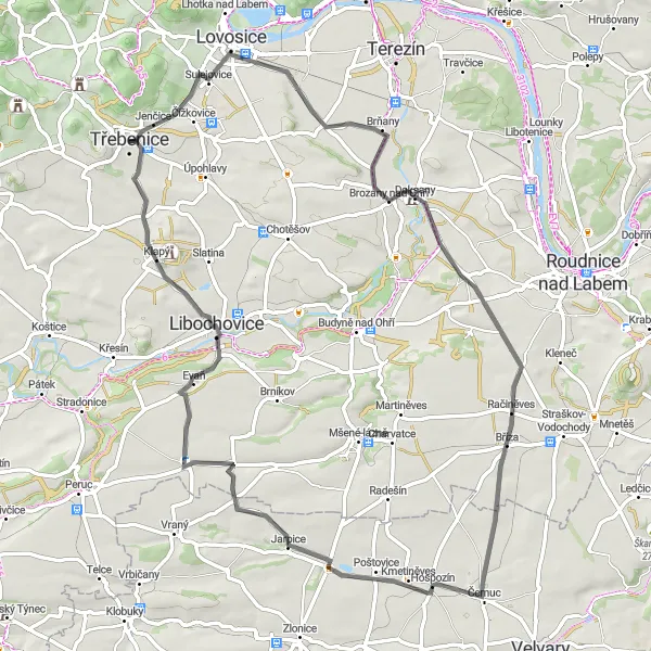 Mapa miniatúra "Road Cycling Route: Třebenice - Račiněves" cyklistická inšpirácia v Severozápad, Czech Republic. Vygenerované cyklistickým plánovačom trás Tarmacs.app