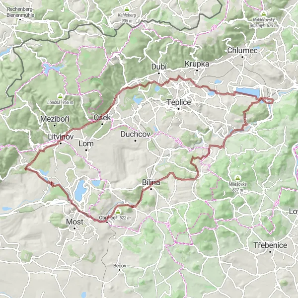 Miniaturní mapa "Trmice - Jedovina - Habří - Majka - Mošnov - Bílina - Želenický vrch - rozhledna Hněvín - Starý Most - Loučná - Špičák - Pozorka - Věšťanský vrch - Trmice" inspirace pro cyklisty v oblasti Severozápad, Czech Republic. Vytvořeno pomocí plánovače tras Tarmacs.app