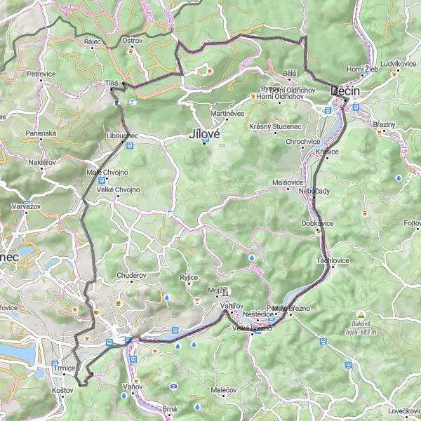 Miniaturní mapa "Trmice - Strážky - Tisá - Doga - Jalůvčí - Špičák - Nebočady - Reichberg - Mariánský vrch - Hostovice" inspirace pro cyklisty v oblasti Severozápad, Czech Republic. Vytvořeno pomocí plánovače tras Tarmacs.app