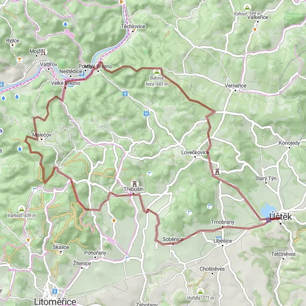 Miniaturní mapa "Gravelová výzva kolem Úštěku" inspirace pro cyklisty v oblasti Severozápad, Czech Republic. Vytvořeno pomocí plánovače tras Tarmacs.app