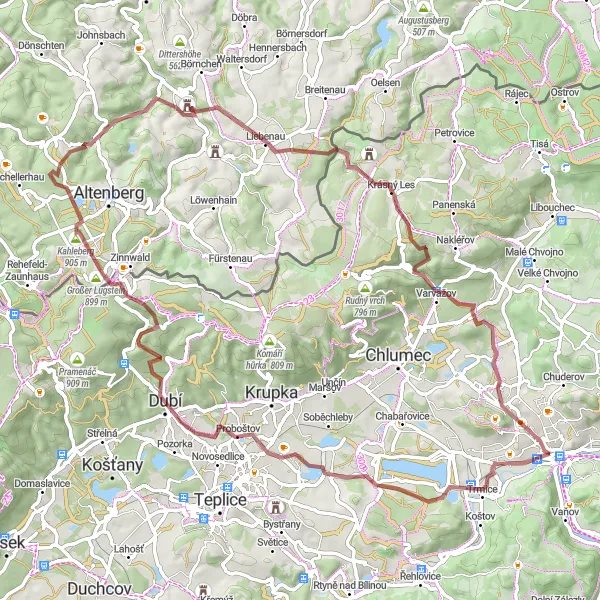 Map miniature of "Ústí nad Labem - Věšťanský vrch - Dubí - Cinovec - Scheibe - Bärenstein - Jeleni vrch - Habrovice" cycling inspiration in Severozápad, Czech Republic. Generated by Tarmacs.app cycling route planner