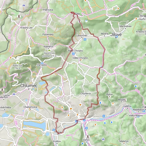 Mapa miniatúra "Štěrkový okruh od Trmic po naivu" cyklistická inšpirácia v Severozápad, Czech Republic. Vygenerované cyklistickým plánovačom trás Tarmacs.app