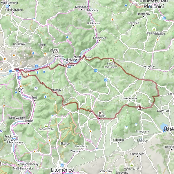 Miniaturní mapa "Okruh kolem Ústí nad Labem - Gravel" inspirace pro cyklisty v oblasti Severozápad, Czech Republic. Vytvořeno pomocí plánovače tras Tarmacs.app