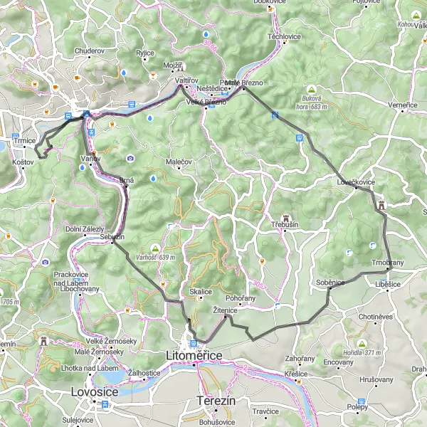 Map miniature of "Ústí nad Labem - Mariánský vrch - Velké Březno - Vyhlídka - Srdov - Soběnice - Mostka - Krkavčí skála - Brná - Hostovice" cycling inspiration in Severozápad, Czech Republic. Generated by Tarmacs.app cycling route planner