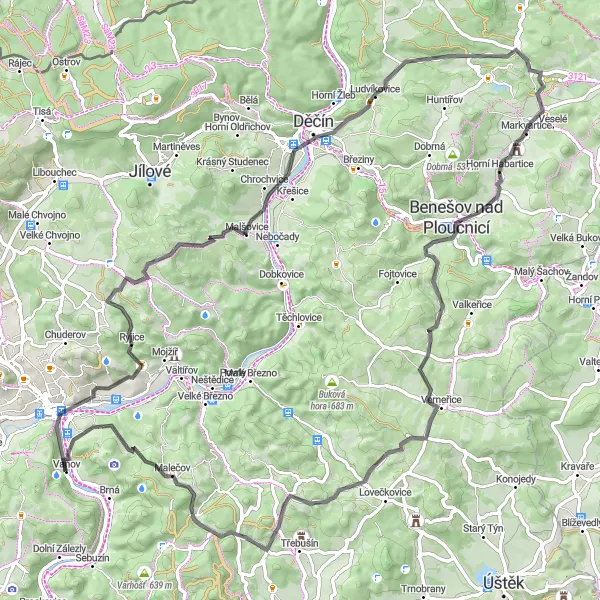 Miniaturní mapa "Okružní cyklistická trasa Ústí nad Labem" inspirace pro cyklisty v oblasti Severozápad, Czech Republic. Vytvořeno pomocí plánovače tras Tarmacs.app